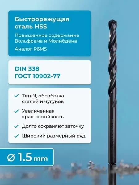 Сверло по металлу NORGAU Industrial, HSS с парооксидированной обработкой и шлифованным профилем, спиральное, DIN338, 1.5 мм