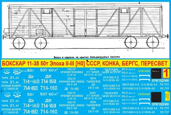 2Д Декаль Крытый Вагон 11-38 - Бригадник. Масштаб 1:87, H0; Эпоха II-III, СССР, Дв; Подходит для КИТов производства: Конка, Бергс, Пересвет. Блок №1