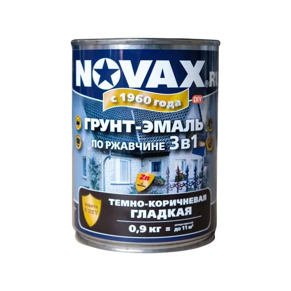 Novax Грунт-эмаль Быстросохнущая, до 30°, Алкидная, Полуглянцевое покрытие, 0.9 кг, темно-коричневый