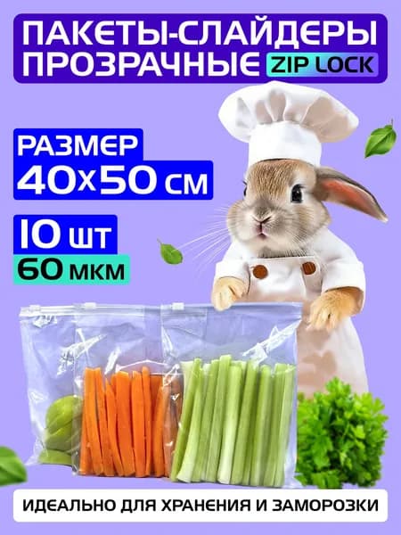 Пакеты слайдеры прозрачные с Zip lock бегунком 40х50 см для хранения и заморозки, 60 мкм. Комплект 10 штук.