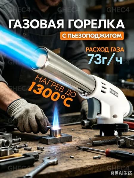 Горелка газовая с пьезоподжигом и с регулировкой размера пламени, насадка на газовый баллон