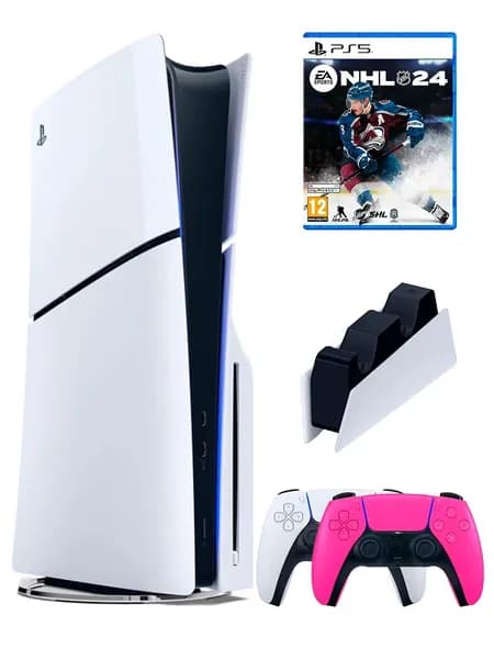 PS5 (ПС5) Игровая приставка Sony PlayStation 5 Slim disc + 2-й геймпад(розовый) + зарядное + игра NHL 24