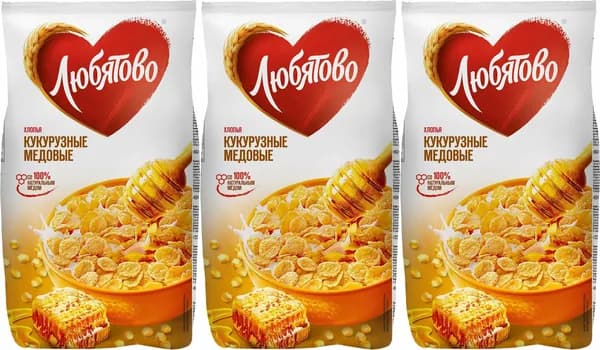 Хлопья Любятово кукурузные медовые, комплект: 3 упаковки по 250 г