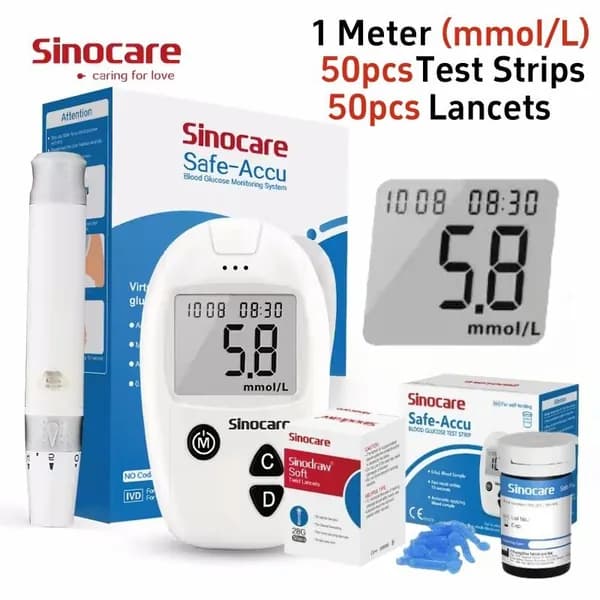 Анализатор Sinocare Safe Accu +50 полосок для определения уровня глюкозы в крови + 50 ланцетов, одобрен CE/FDA