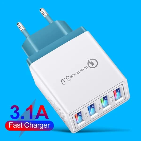 4-портовое USB-зарядное устройство с LED-подсветкой, европейский стандарт, небесно-голубое