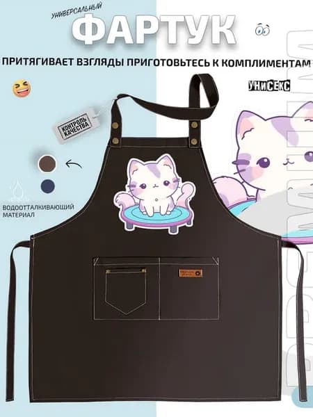 Фартук милый котенок на круглой голубой лежанке