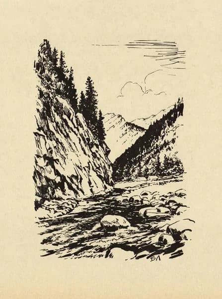 1966 год. Подножие у гор Байкала, Б.И.Лебединский, старинная литография