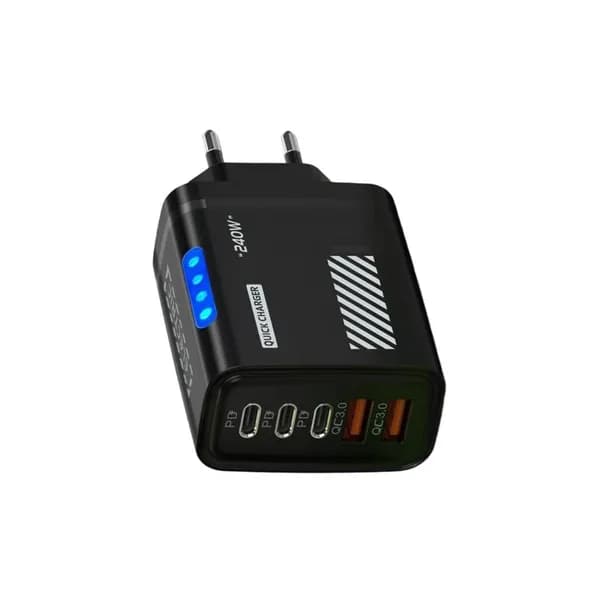 Компактное зарядное устройство 240W, совместимость с 5 устройствами, интеллектуальная защита, Черный - EU Plug