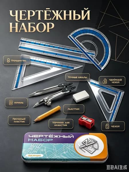 Готовальня для школы / набор для черчения Липляндия, 9 предметов, металлический пенал