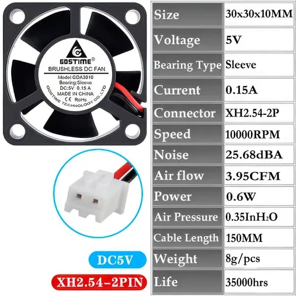 Вентилятор Gdstime DC5V 30x30x10, GDA3010, Sleeve,1 шт., XH2.54