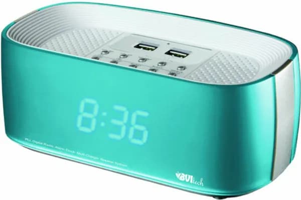 Радиобудильник часы радиоприемник + подставка под смартфон BVItech BV-231BBU бирюзовый, крупные цифры, 2 динамика, FM, 2 USB для зарядки, AUX, от сети и бат., bv-231
