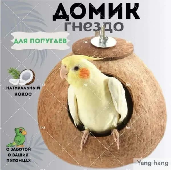 Гнездо для попугая из натурального кокоса и мусора, диаметр кокоса: 11-14 см, 1 шт
