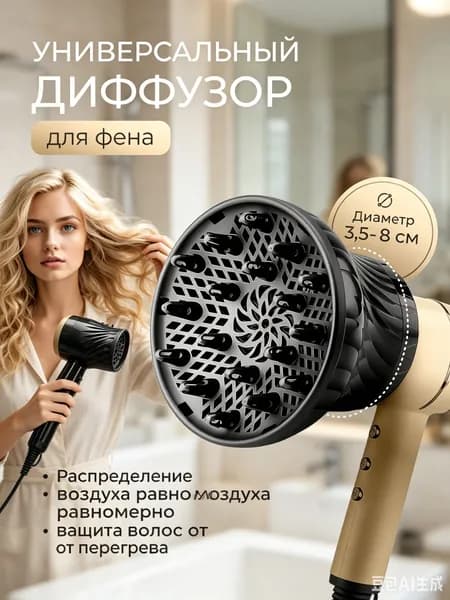 Диффузор для фена универсальный, черный, диаметр 3,5-8 см, насадка для укладки кудрявых волос, защита от перегрева