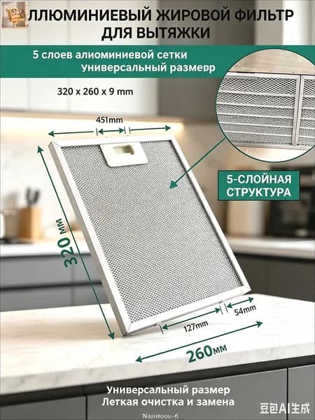 Жировой фильтр для вытяжки алюминиевый 320х260х9 мм, пятислойная универсальная сетка-решетка против жира и запахов, сменный картридж для кухонной вытяжки