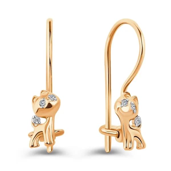 Серьги Кошка детские с фианитами из красного золота 585 пробы 585GOLD