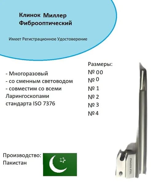 Клинок для Ларингоскопа тип МИЛЛЕР (Негус), фиброоптический №1