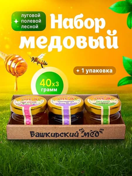 Набор "Башкирский мед" 3х40 луговой/полевой/лесной крафт с ложкой 1 шт.
