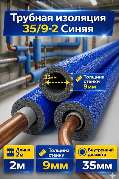 Трубная изоляция из вспененного полиэтилена 35x9 мм, 2 м, синяя, для труб отопления, водоснабжения и кондиционирования, теплоизоляция ППЭ