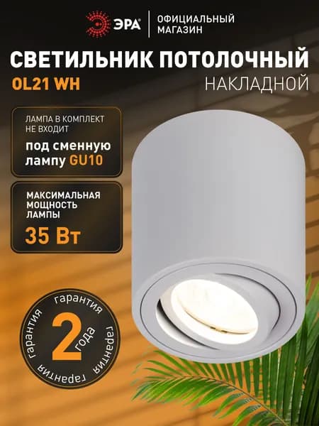Спот потолочный ЭРА OL21 WH поворотный, под лампу GU10 MR16, белый / Светильник накладной в спальню, прихожую, на кухню