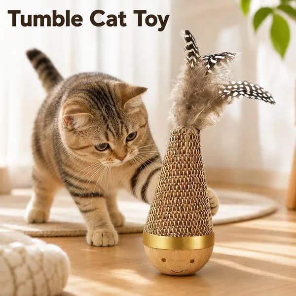 Деревянная игрушка болванчик для кошек с пером