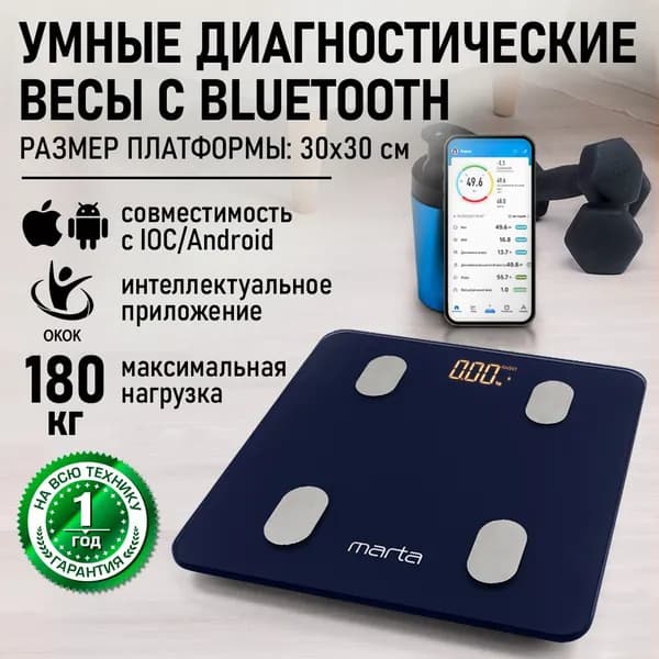 MARTA Умные весы напольные Smart Scale диагностические с функцией измерения жира, жидкости, костной и мышечной массы тела, 30х30 см, синий сапфир