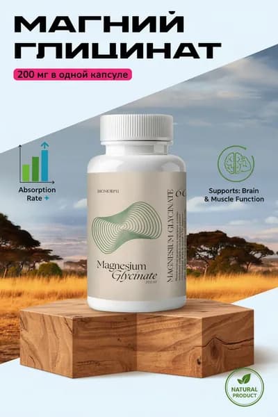 Магний Глицинат 60 капсул / Magnesium Glycinate 200 мг / Добавка для релаксации BIOMORPH