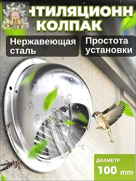 Вытяжной колпак из нерж.стали 304 на стену, защита от дождя, насекомых и грызунов 100mm
