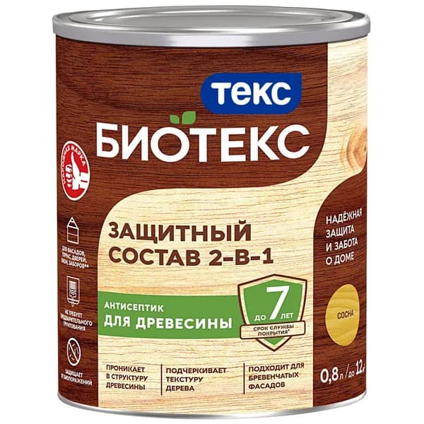 ТЕКС Биотекс защитный состав для древесины сосна (0,8л) / грунтовка + антисептик + декоративная пропитка
