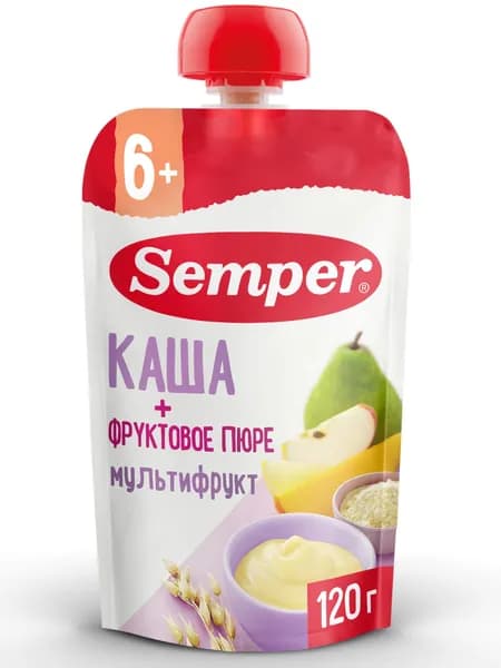 Пюре фруктовое с кашей детское Semper с 6 месяцев, Мультифрукт, груша, манго и злаки, 120 г