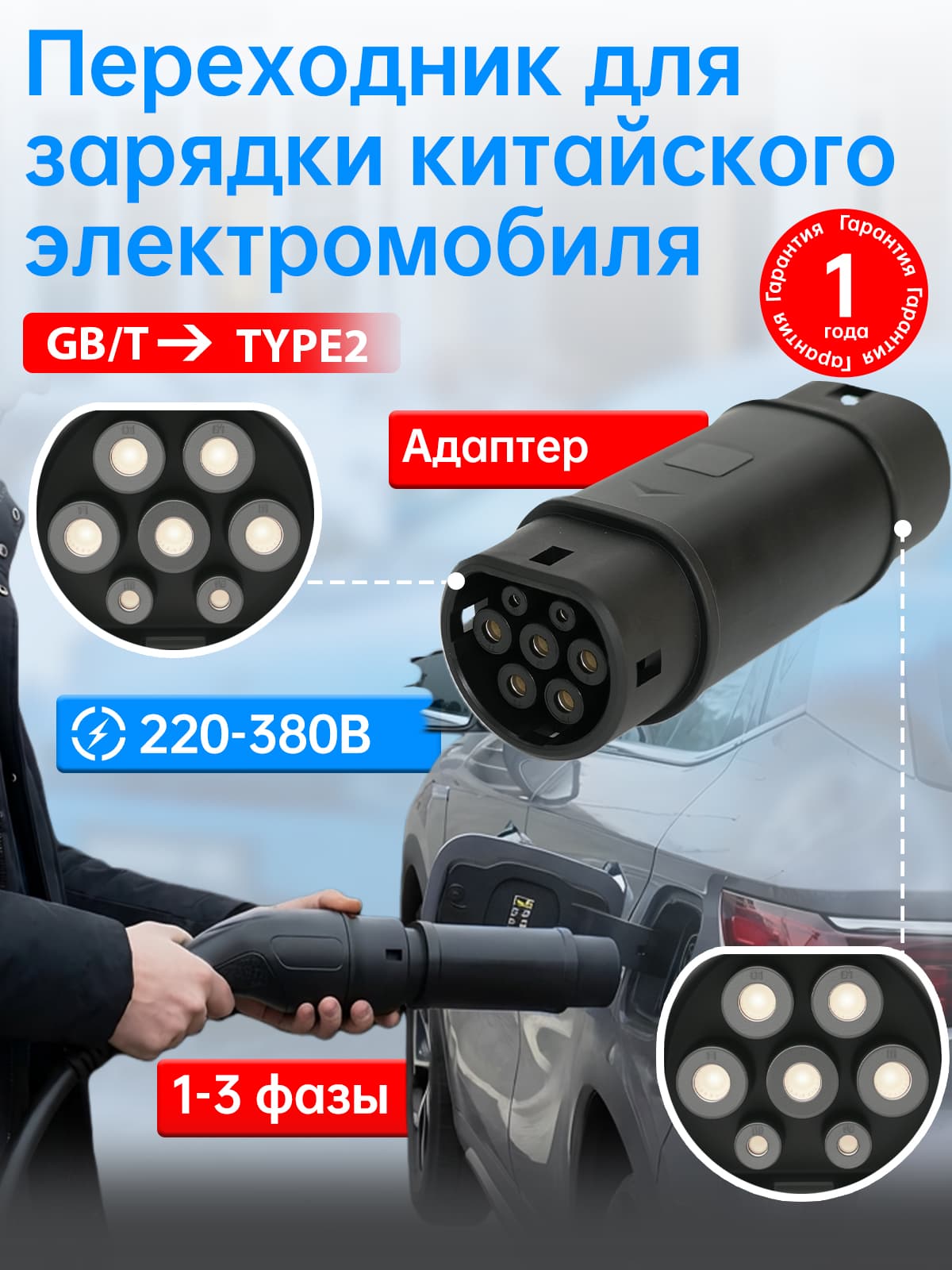Адаптер (переходник) PowerOn, GB/T - Type 2 (GBT - Тип 2), 32А, 3 фазы