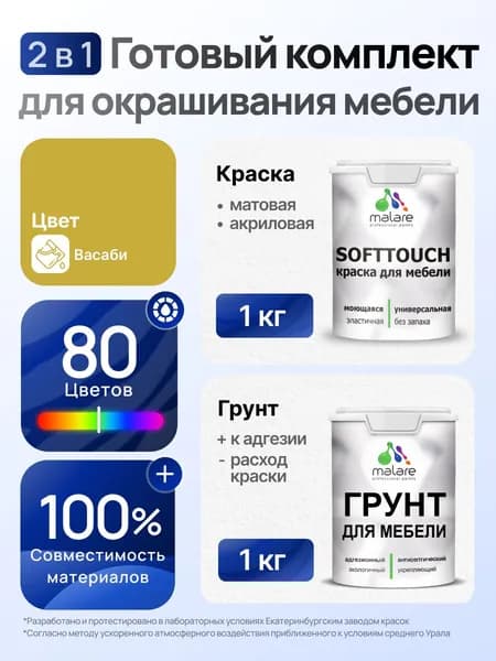 Комплект Malare SoftTouch для окрашивания мебели (1кг грунт + 1 кг краска), акриловый, без запаха, быстросохнущий, матовый, цвет васаби
