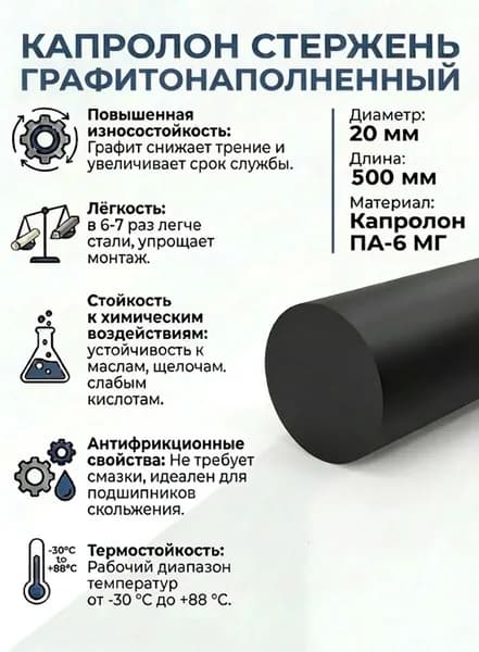 Капролон графитонаполненный (черный) стержень диаметр 20мм длина 500мм