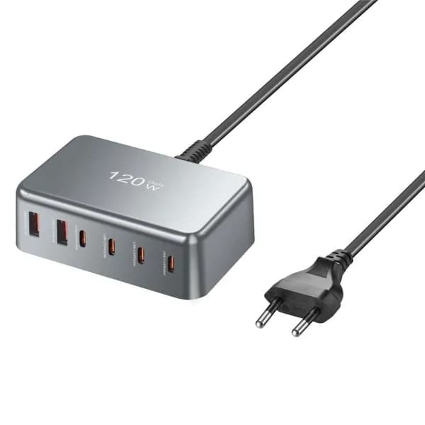 Многопортовое USB C Настольное зарядное устройство USB Зарядный хаб с 120W Компактный дизайн, Серый - EU