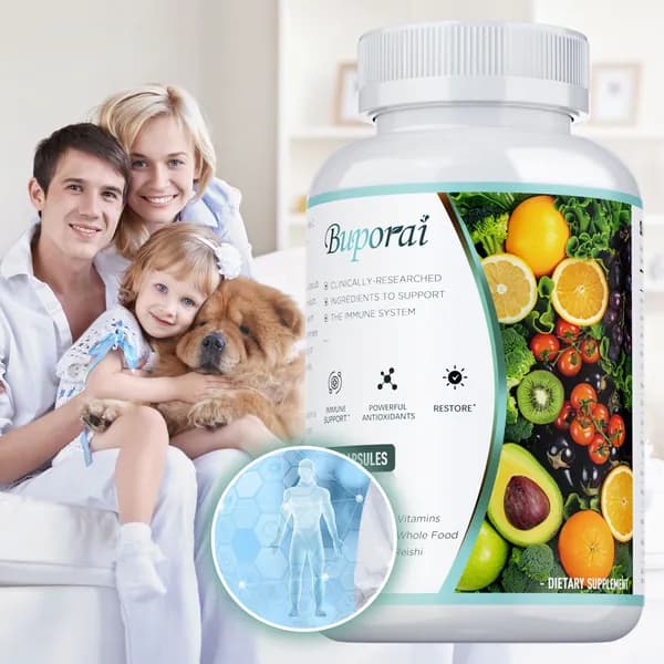 Капсулы Buporai Fruit & Vegetable Complex -содержат витамины A, C, D, E, B и цинк -способствуют укреплению иммунитета, антиоксидантной защите и детоксикации организма.