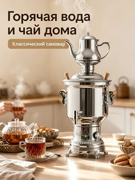 Электрический самовар 10 л, 2800 Вт, нержавеющая сталь, деревянные ручки, верхний заварочный чайник