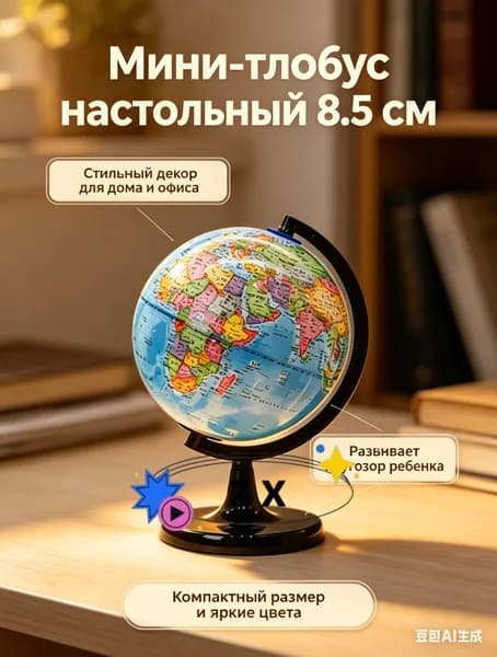 Глобус настольный сувенирный 8.5 см, политическая карта мира - маленький интерьерный глобус для декора, подарок ребенку и в офис
