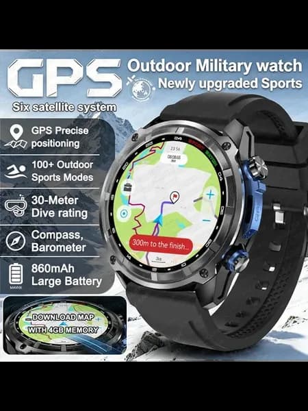 Мужские военные смарт-часы 2026 года с GPS Черный, Black