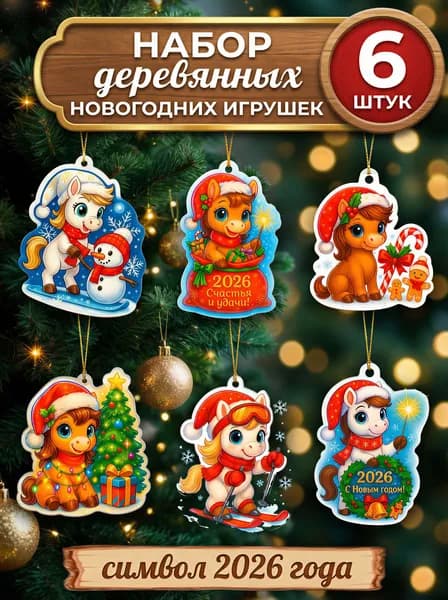 Елочные акриловые украшения набор Лошадки, 6 шт. в наборе двухсторонний 2D-дизайн символ нового года 2026
