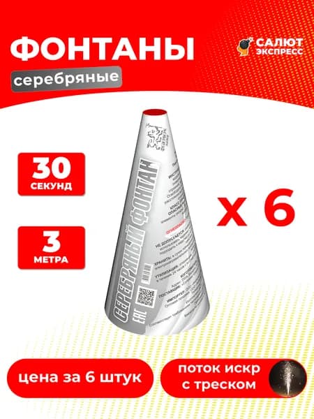 Серебряный фонтан фейерверк - 6 штук, 30 секунд, 3 метра, P3019