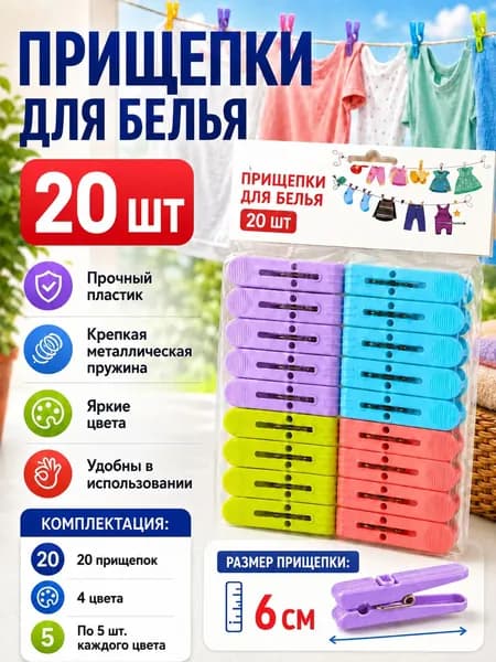 Прищепки для белья пластиковая красивые 20 штук прочные