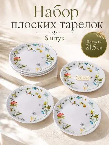 Набор плоских тарелок 21,5 см Колибри, 6 штук