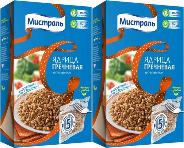 Крупа гречневая Мистраль ядрица в варочных пакетиках 80 г х, комплект: 2 упаковки по 400 г