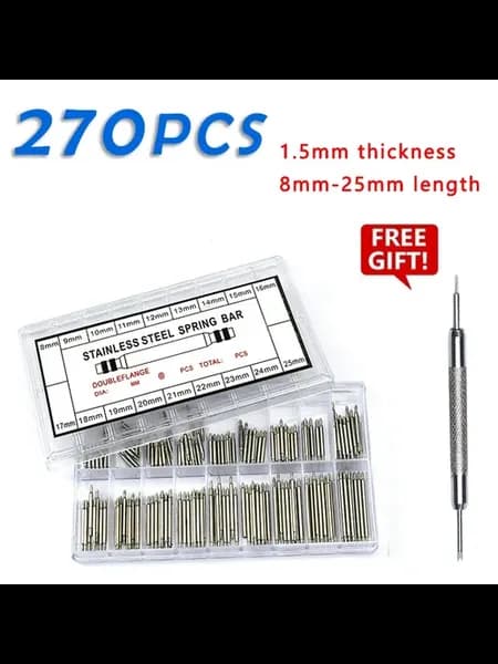 Пружинные шпильки для часов, 270шт, 1.5mm x 8-25mm