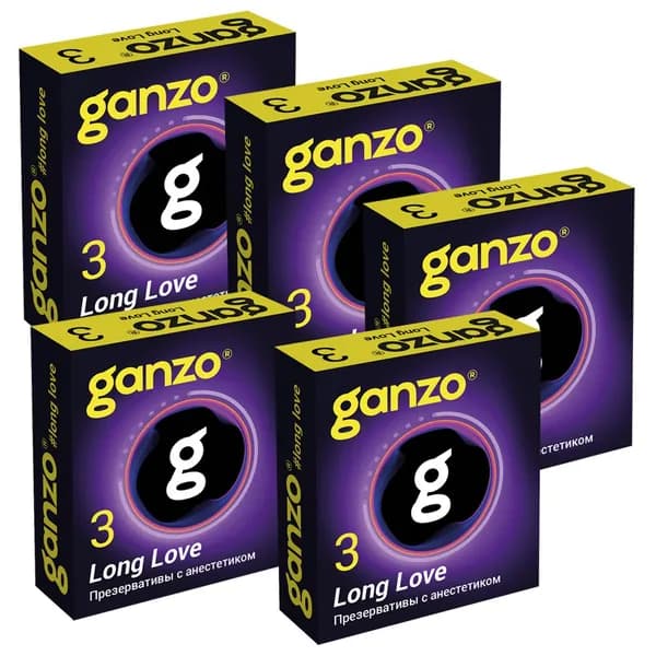 Ganzo Long Love презервативы с анестетиком для продления удовольствия, 5 пачек по 3 шт