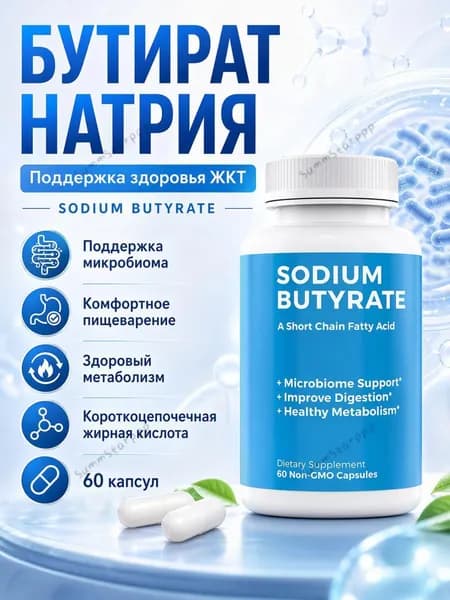 Добавка для здоровья кишечника, капсулы с бутиратом и натрием, без ГМО, 60/120 капсул