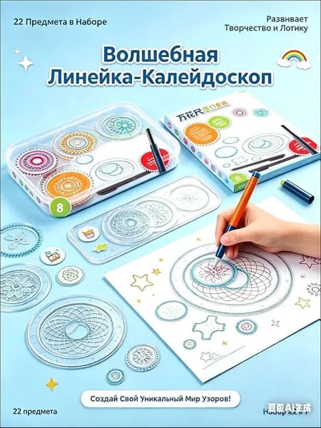 Набор развивающих линеек-трафаретов "Калейдоскоп" для рисования узоров, 22 предмета. Детский многофункциональный спирограф для творчества, обучения и развития мелкой моторики.