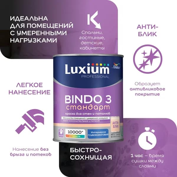 Краска для стен и потолков Luxium Professional Bindo 3 глубокоматовая база BС 0,9 л