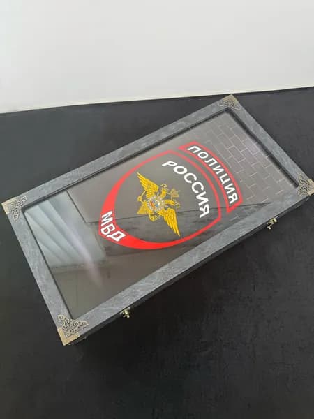 Нарды большие деревянные со стеклом "Полиция России" RS, размер 60х60 см, подарочные нарды, обтянуты экокожей премиум класса, стеклянное игровое поле