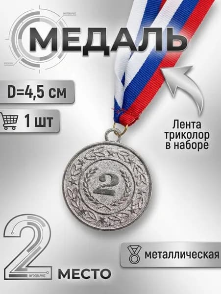 Медаль спортивная, наградная 2 место, серебро , 1 штука