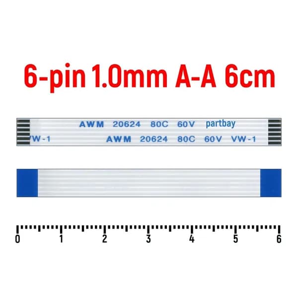 Шлейф FFC 6-pin Шаг 1.0mm Длина 6cm Прямой A-A AWM 20624 80C 60V VW-1